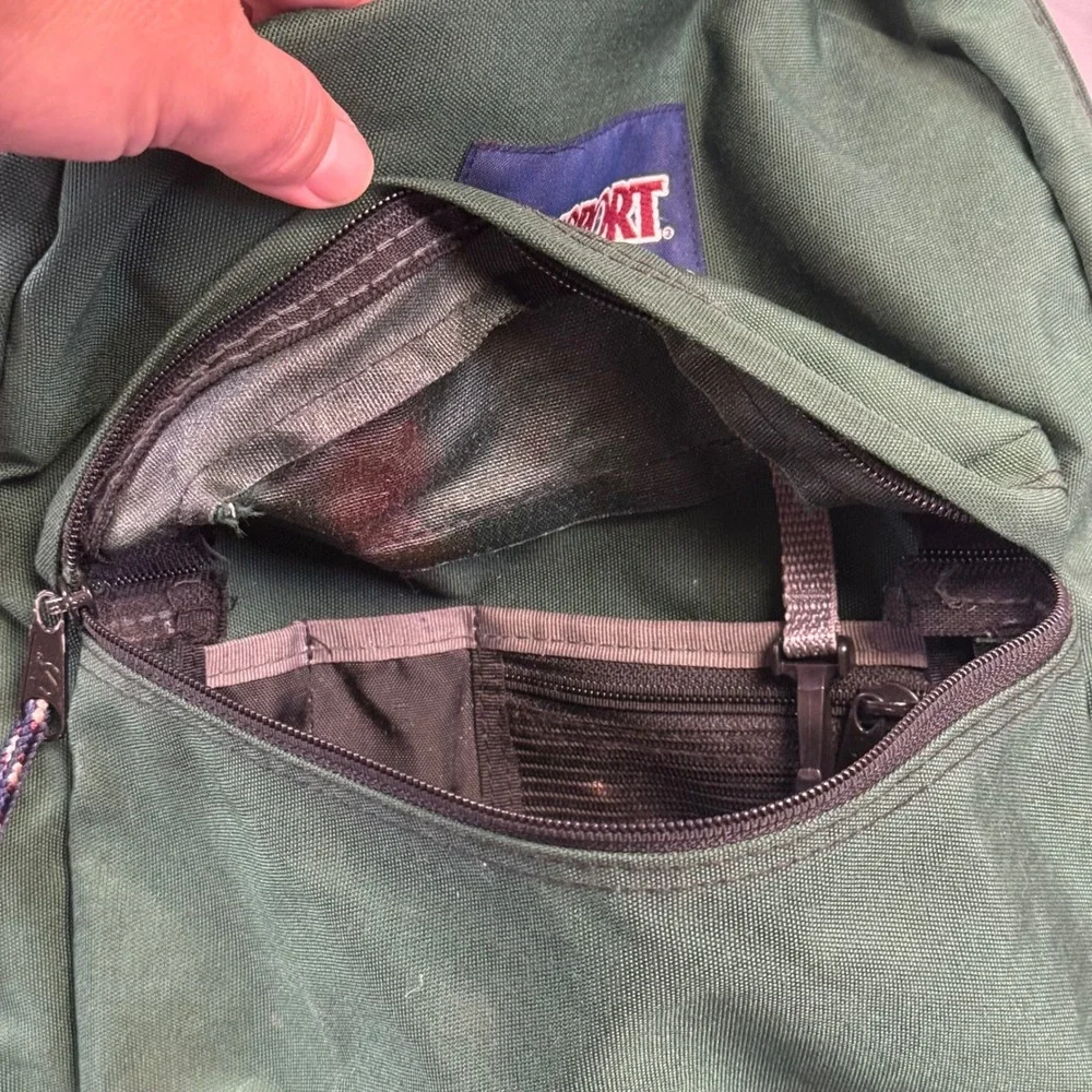 Vintage JanSport Backpack Green Canvas Brown Suede Leather Bottom School Bag
